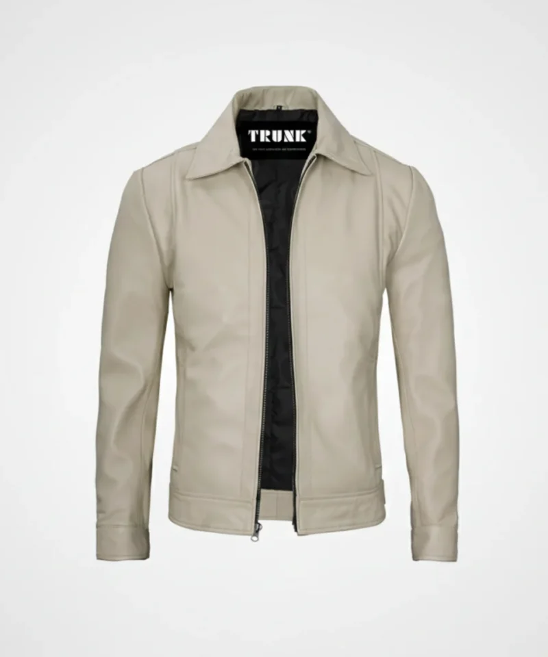 Men's Beige Real Leather Harrington Jacket