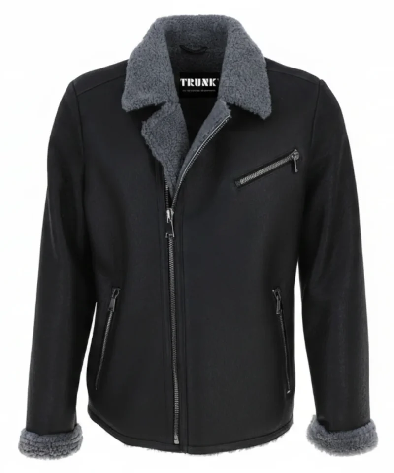 Mens Side Zip Sheepskin Pilot Shearling Jacket Black