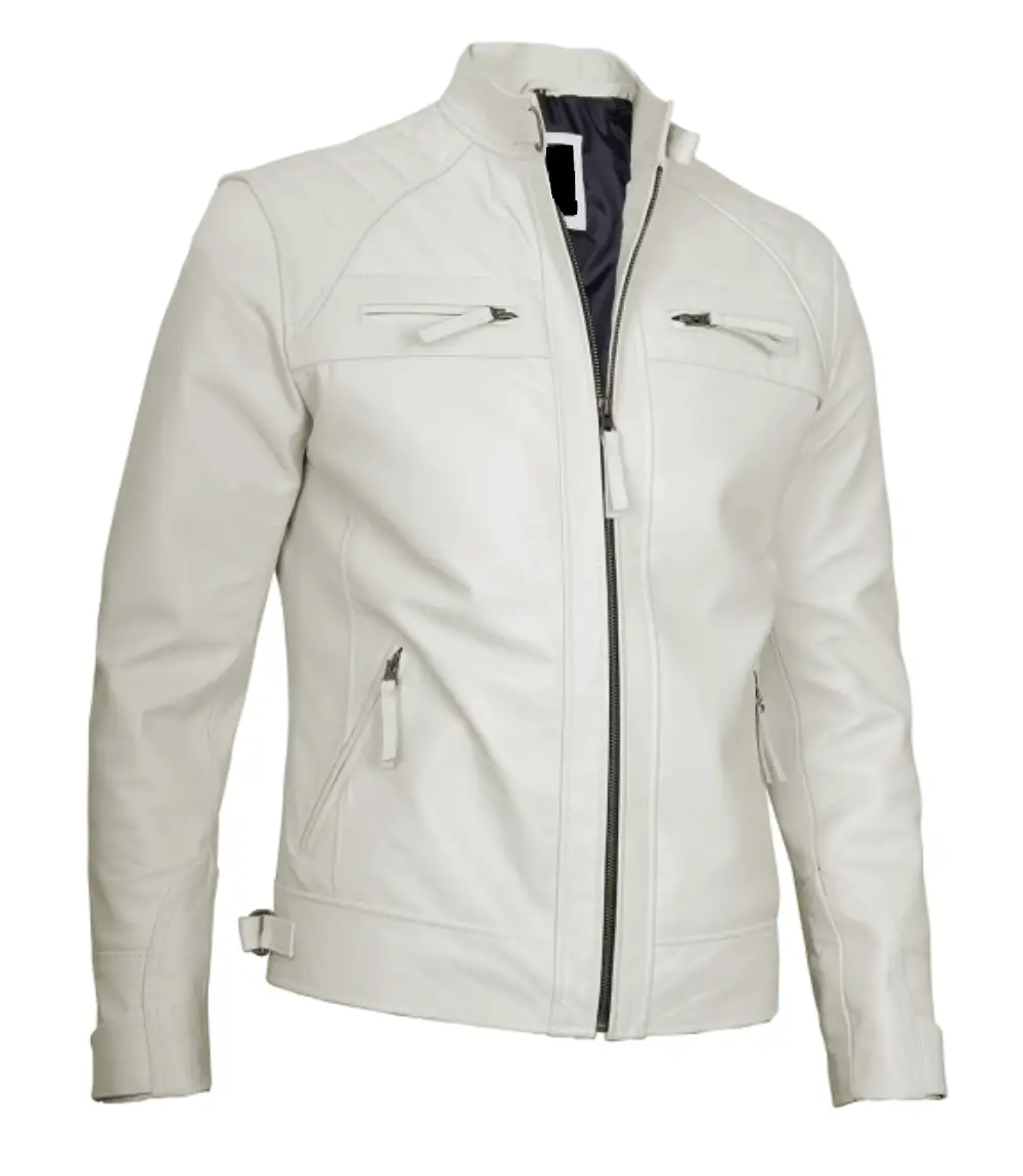 Classic Men's Off White Real Leather Cafe Racer Jacket