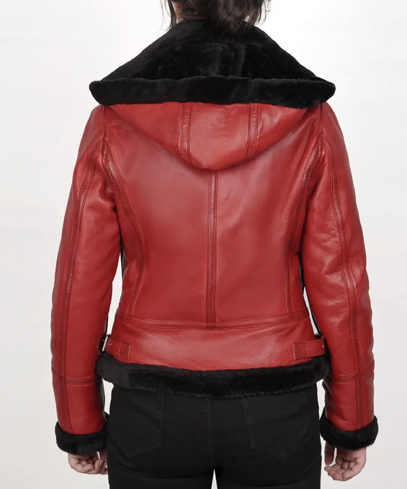 Women's Red Bomber Shearling Leather Hooded Jacket