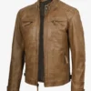 Men's Distressed Camel Brown Cafe Racer Leather Jacket