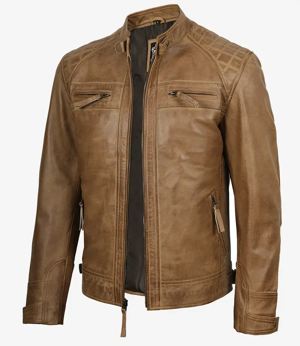 Men's Distressed Camel Brown Cafe Racer Leather Jacket
