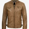 Men's Distressed Camel Brown Cafe Racer Leather Jacket