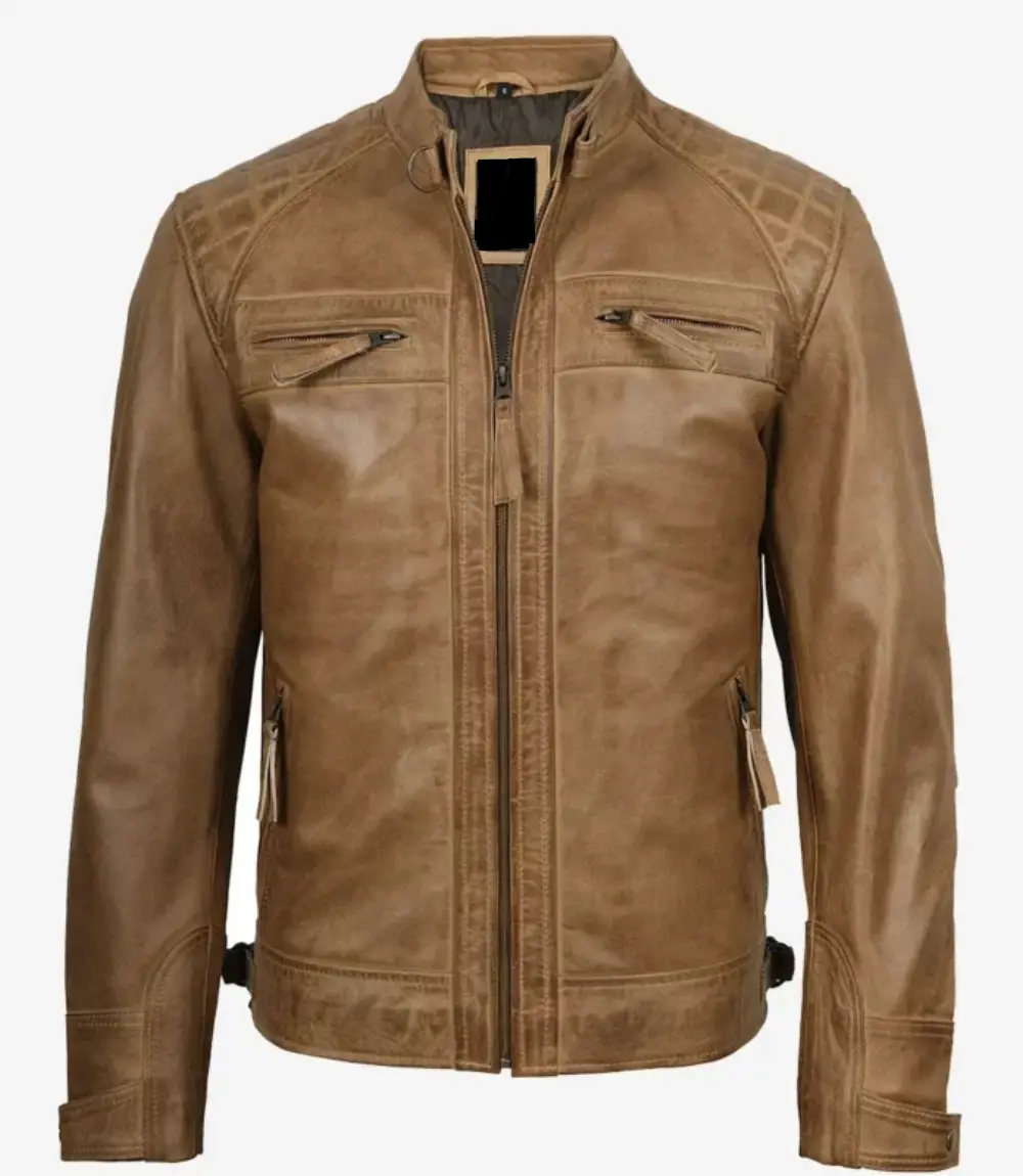 Men's Distressed Camel Brown Cafe Racer Leather Jacket