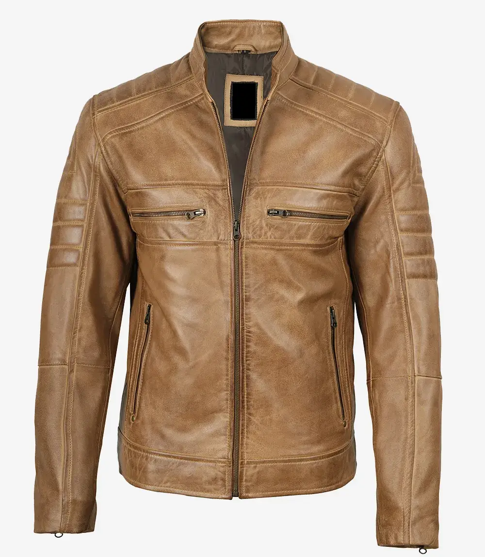 Men's Vintage Distressed Black Real Leather Biker Jacket - Motorcycle Cafe Racer Style