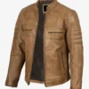 Men's Distressed Tan Cafe Racer Real Leather Jacket