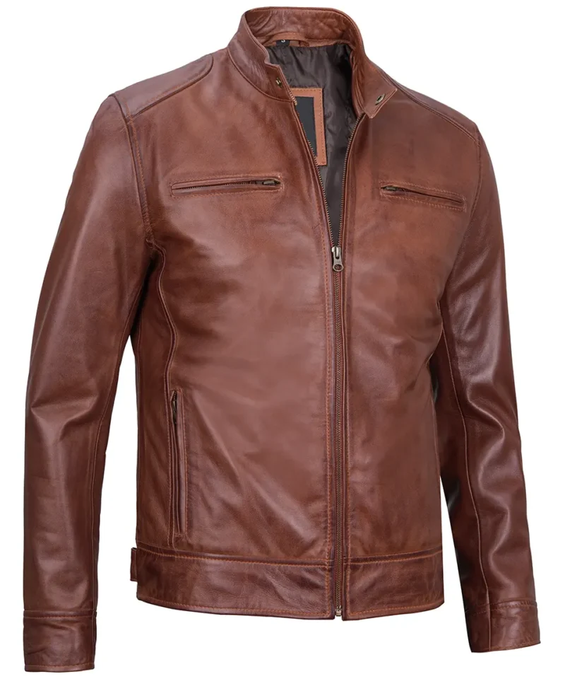 Dodge Men's Cognac Racer Brown Leather Jacket