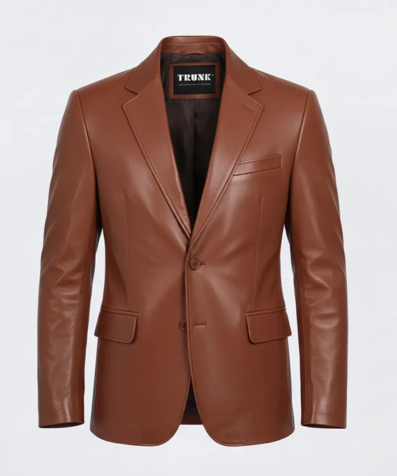 Men’s Two Button Cognac Brown Lambskin Leather Blazer