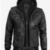 Men's Grey Leather Bomber Jacket With Removable Hood