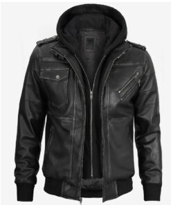 Men's Grey Leather Bomber Jacket With Removable Hood