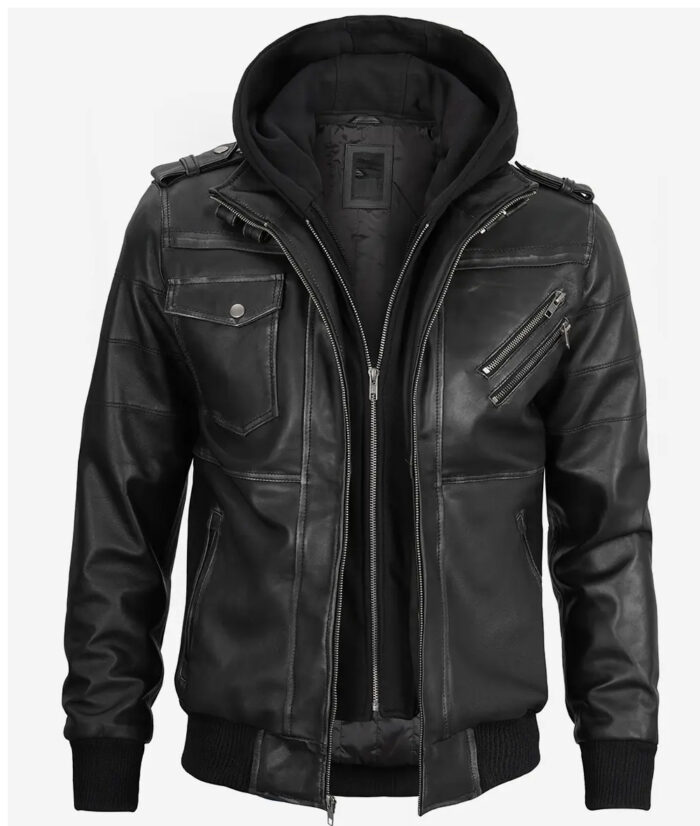 Men's Grey Leather Bomber Jacket With Removable Hood