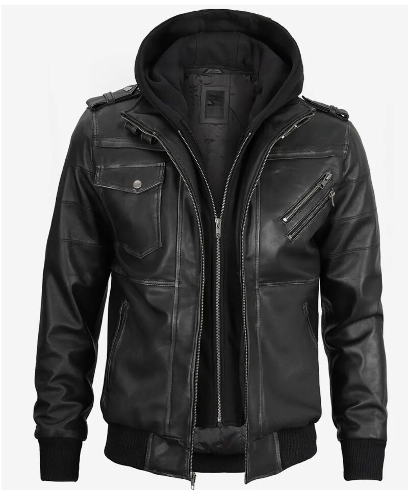 Men's Grey Leather Bomber Jacket With Removable Hood