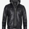 Men's Black Leather Bomber Jacket With Removable Hood