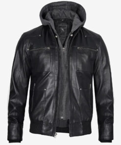 Men's Black Leather Bomber Jacket With Removable Hood