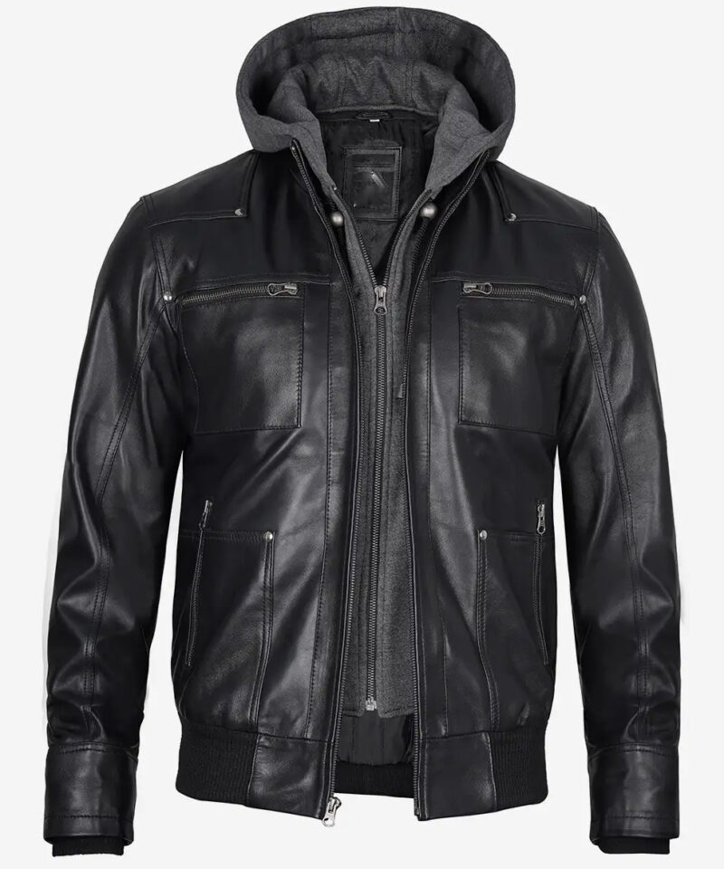 Men's Black Leather Bomber Jacket With Removable Hood
