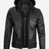 Men's Black Leather Jacket With Removable Hood