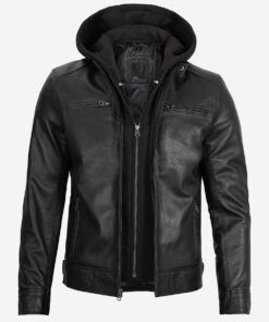 Men's Black Leather Jacket With Removable Hood
