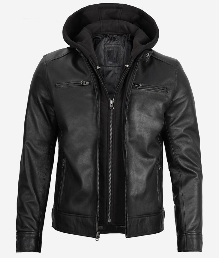 Men's Black Leather Jacket With Removable Hood
