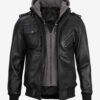 Men's Black Leather Jacket with Grey Removable Hood