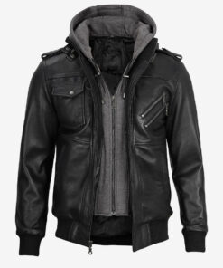 Men's Black Leather Jacket with Grey Removable Hood