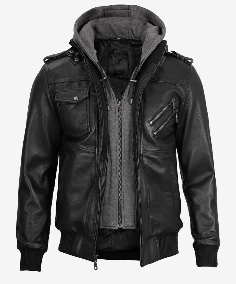 Men's Black Leather Jacket with Grey Removable Hood