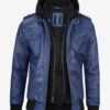 Men's Blue Wax Leather Jacket With Hood