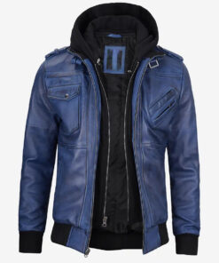 Men's Blue Wax Leather Jacket With Hood