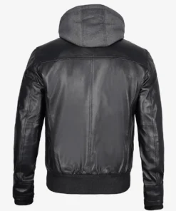 Men's Bomber Black Leather Jacket With Removable Hood
