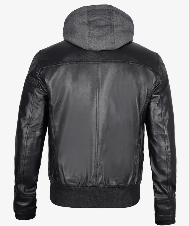 Men's Bomber Black Leather Jacket With Removable Hood