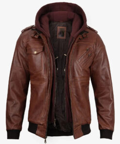 Men's Brown Leather Bomber Jacket With Removable Hood