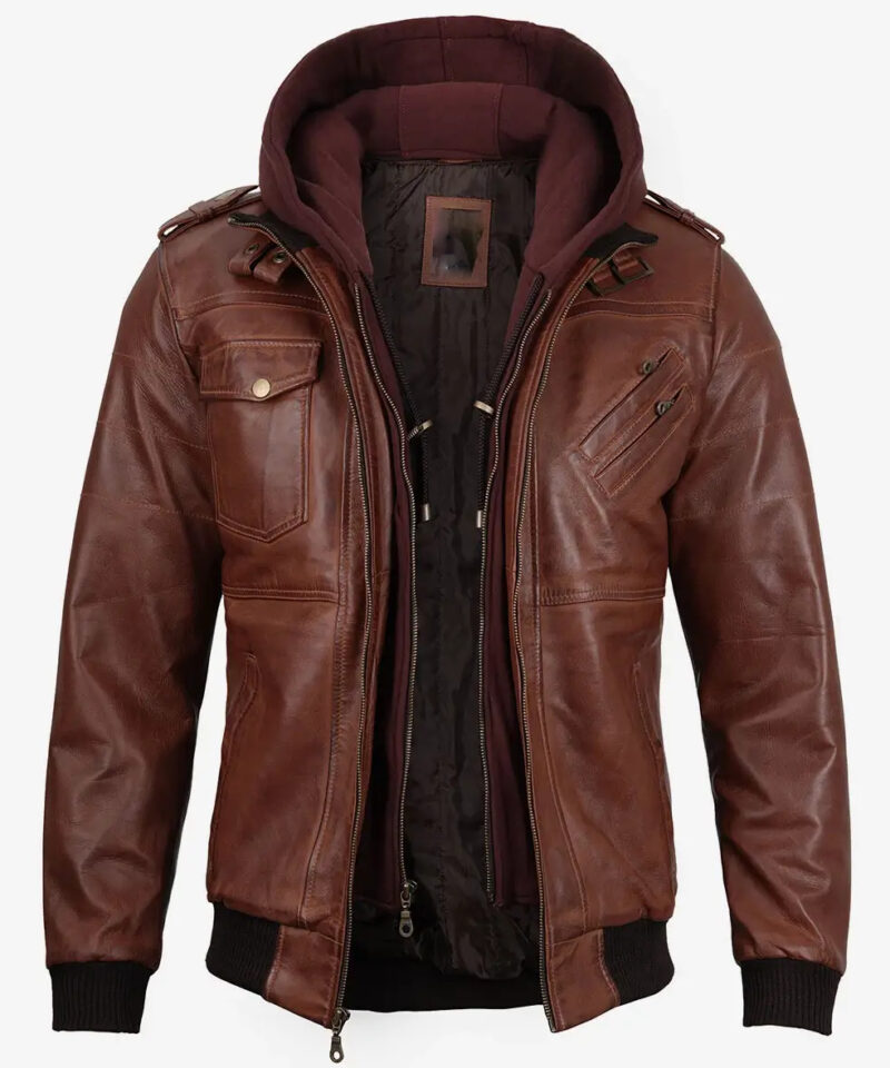 Men's Brown Leather Bomber Jacket With Removable Hood
