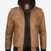 Men's Camel Brown Bomber Leather Jacket With Removable Hood