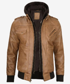 Men's Camel Brown Bomber Leather Jacket With Removable Hood
