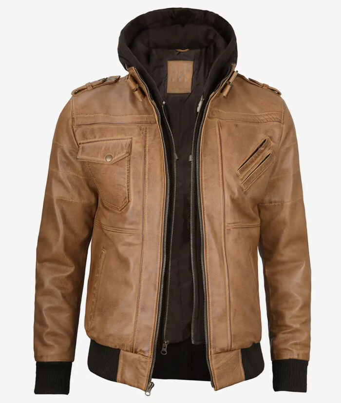 Men's Camel Brown Bomber Leather Jacket With Removable Hood