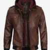 Men's Dark Brown Bomber Leather Jacket with Removable Hood