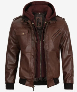 Men's Dark Brown Bomber Leather Jacket with Removable Hood