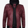 Men's Maroon Bomber Leather Jacket With Hood