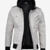Men's Off White With Grey Waxed Leather Jacket With Hood