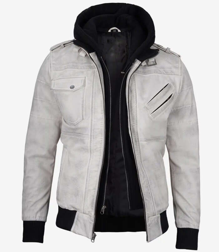 Men's Off White With Grey Waxed Leather Jacket With Hood