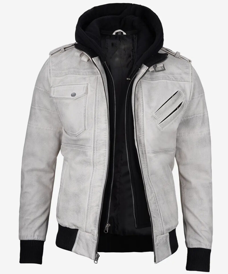 Men's Off White With Grey Waxed Leather Jacket With Hood
