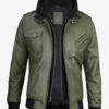Men's Olive Green Bomber Leather Jacket With Hood