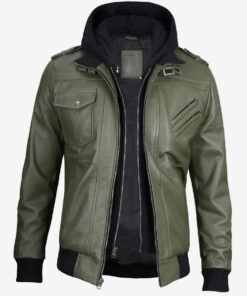 Men's Olive Green Bomber Leather Jacket With Hood
