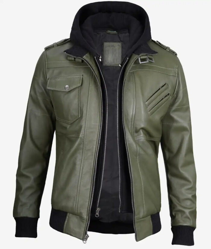 Men's Olive Green Bomber Leather Jacket With Hood