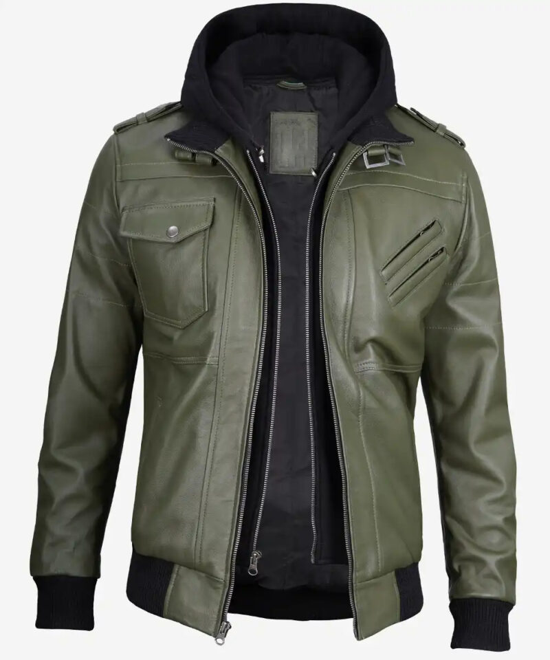 Men's Olive Green Bomber Leather Jacket With Hood
