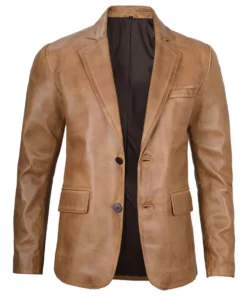 Men’s Two Button Camel Brown Leather Blazer