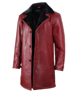 Men's Winter Maroon Leather with Black Shearling Long Coat