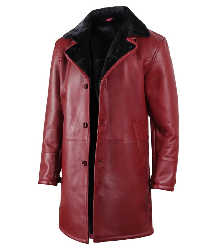 Men's Winter Maroon Leather with Black Shearling Long Coat