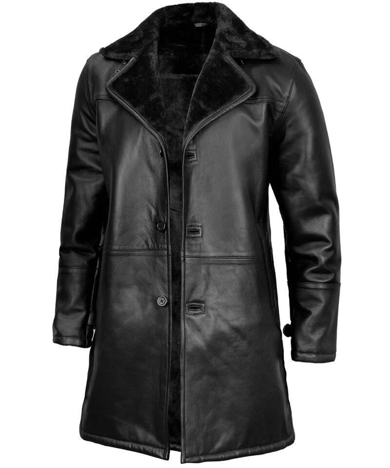Men's Black Leather Long Shearling Coat