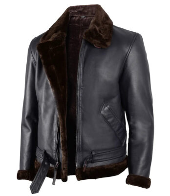 Men's Black Real Leather Jacket with Brown Shearling