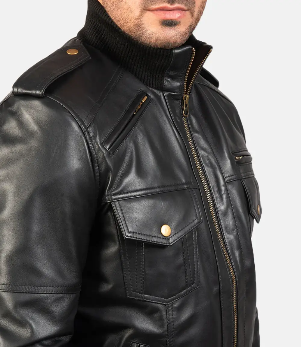 Men's Agent Shadow Black Leather Bomber Jacket